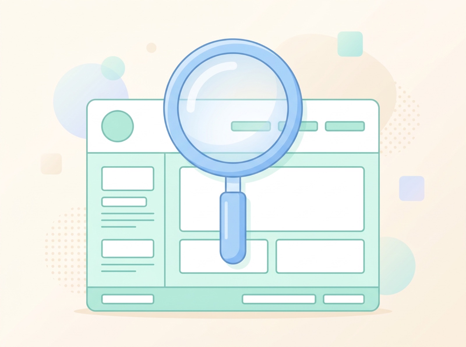돋보기로 웹사이트 구조를 살펴보는 모습을 표현한 일러스트