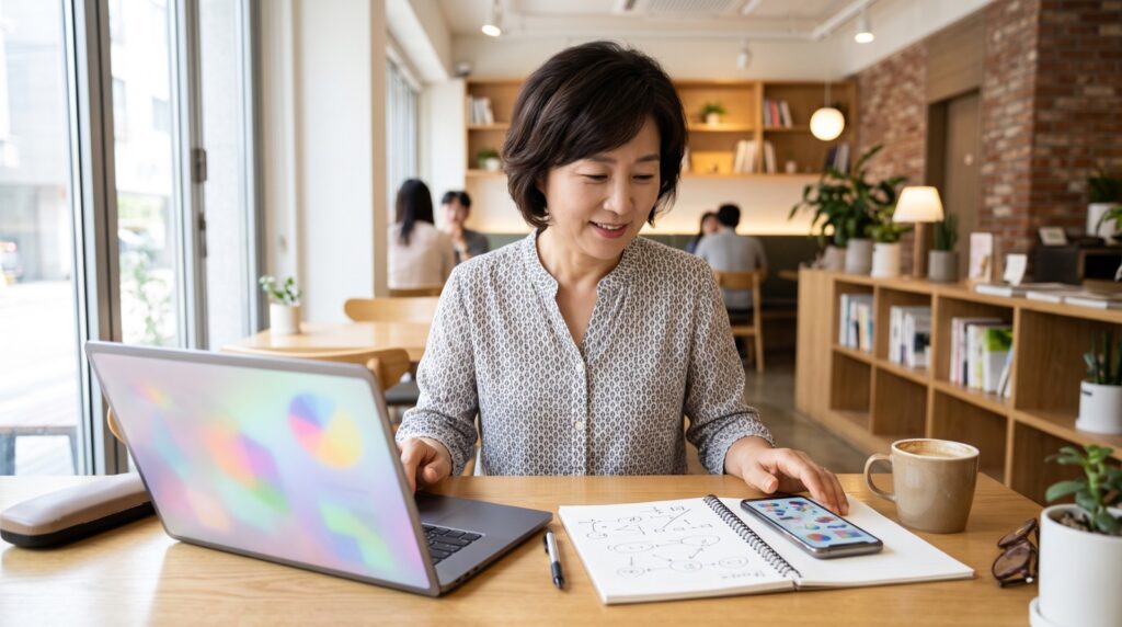 여러 마케팅 채널 화면을 비교하며 고민하는 소상공인 사장님