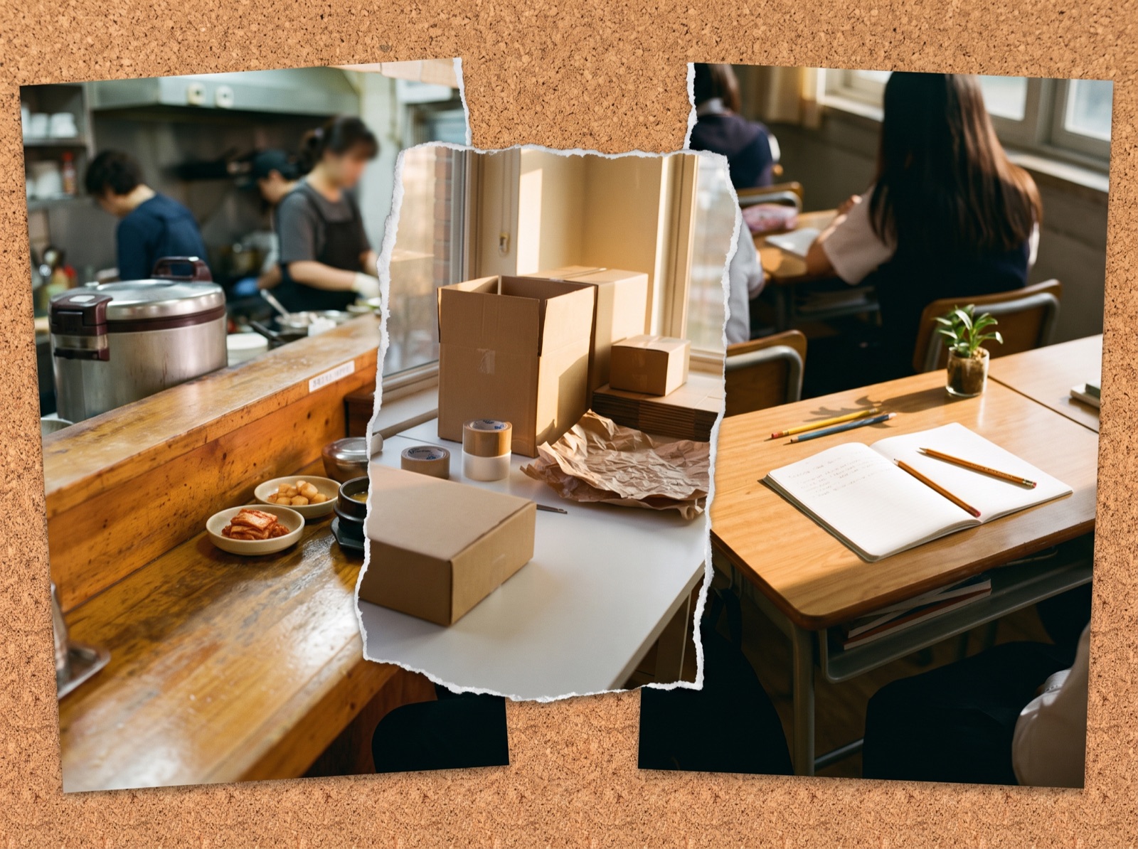 식당 카운터와 학원 교실, 쇼핑몰 포장대를 나란히 보여 주는 업종별 장면